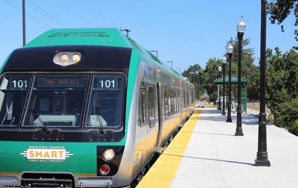 Front view of a Sonoma Marin Area Rapid Transit train
