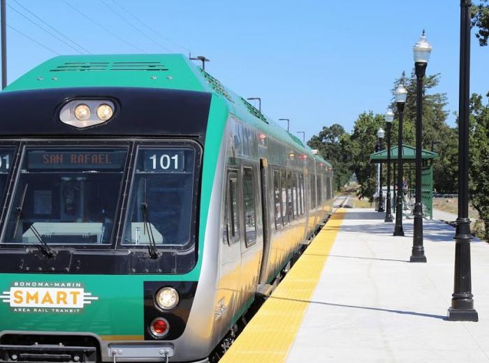 Front view of a Sonoma Marin Area Rapid Transit train